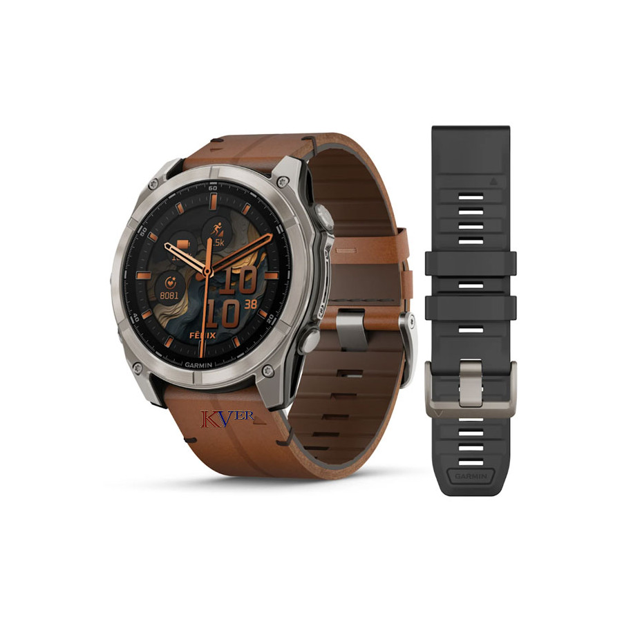 Fēnix® 8 – 51 mm, AMOLED GARMIN Sapphire, Titanium avec bracelet en cuir marron KVER